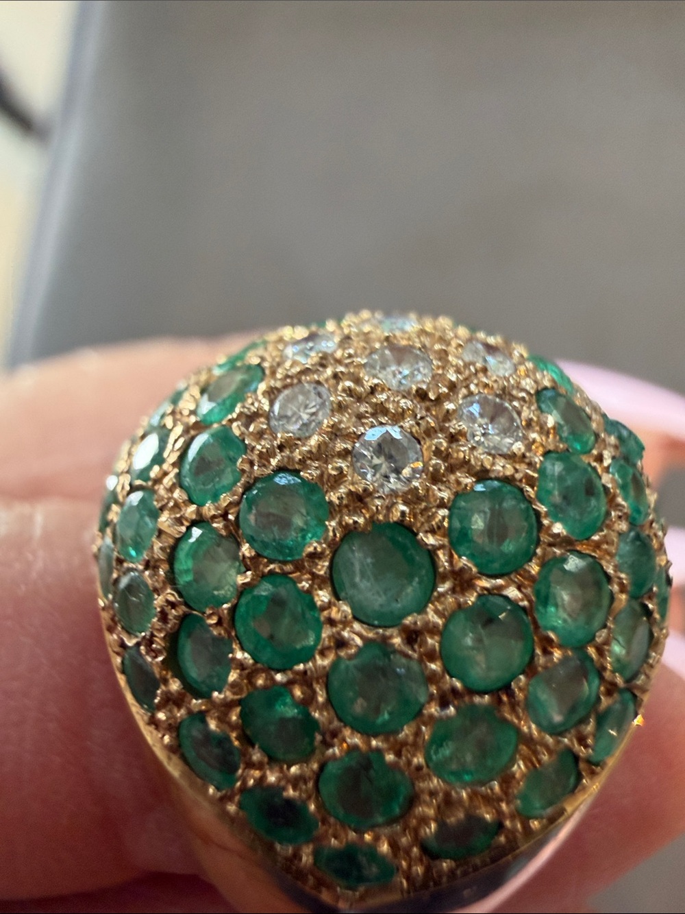 VINTAGE 14K Gold ( 585 stamp )Emerald & Diamond Dome Statement Ring Size Large - Picture 4 of 11
